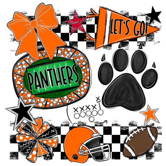 Panthers Checkers Mascot Spirit Design w Paw-Orange