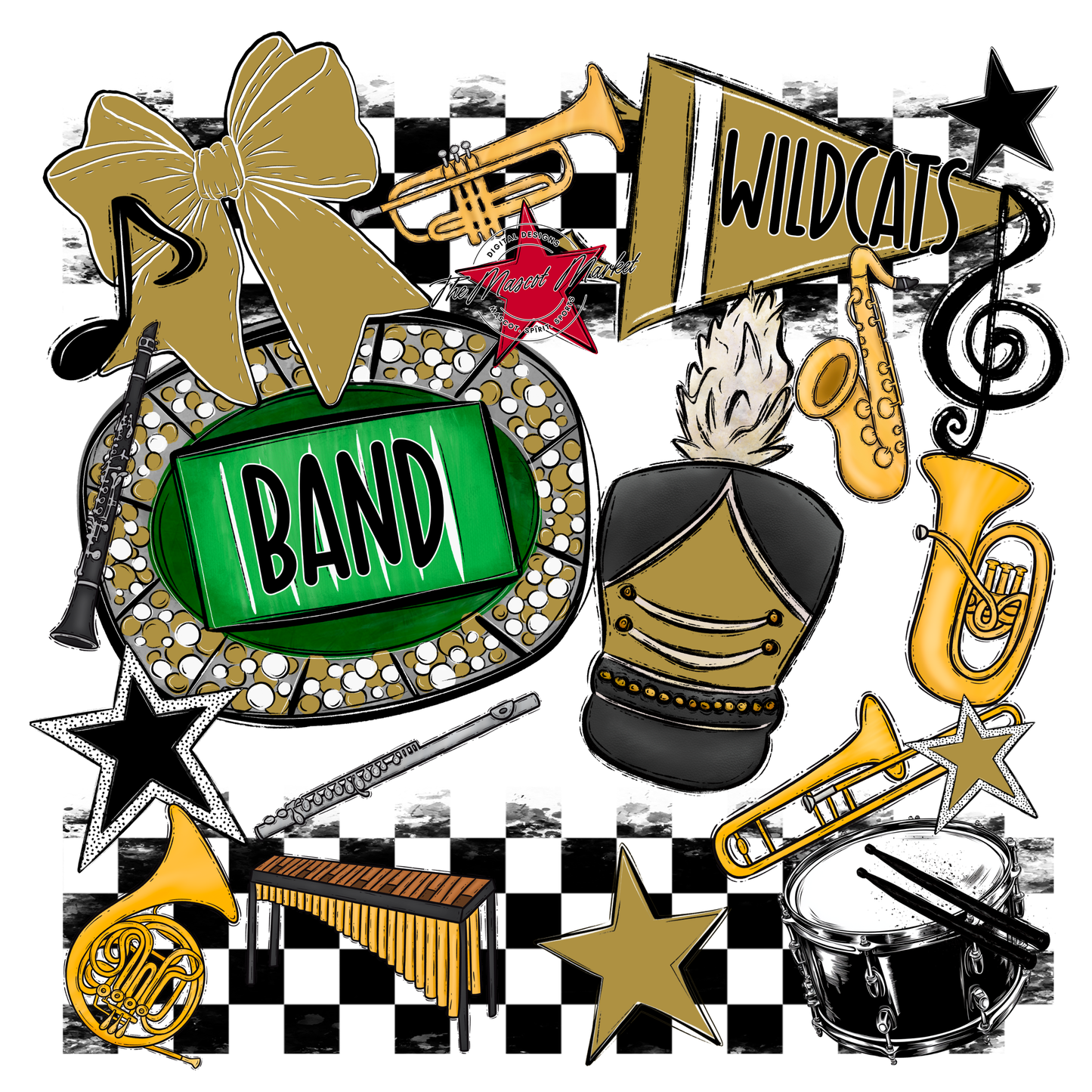 Wildcats Checkers Band Spirit Design-Gold