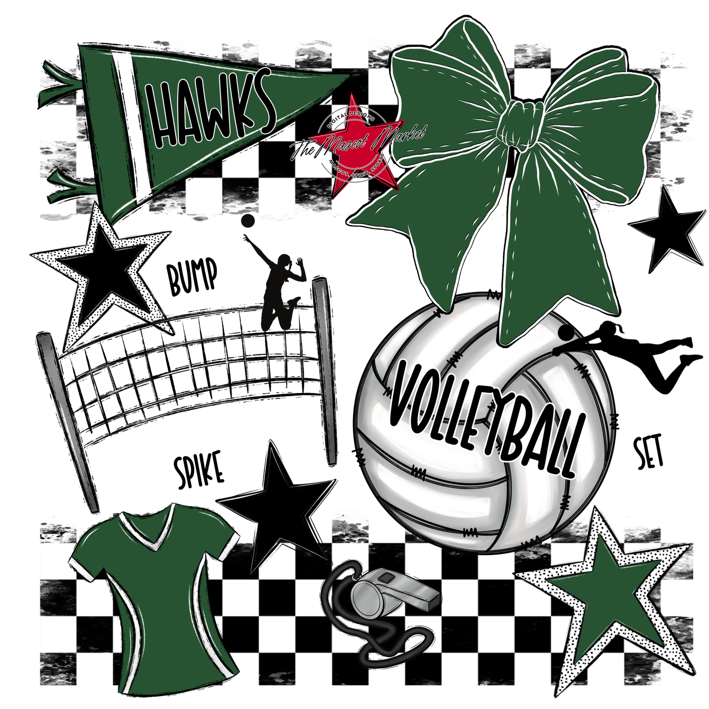 Hawks Checkers Volleyball Spirit Design-Green