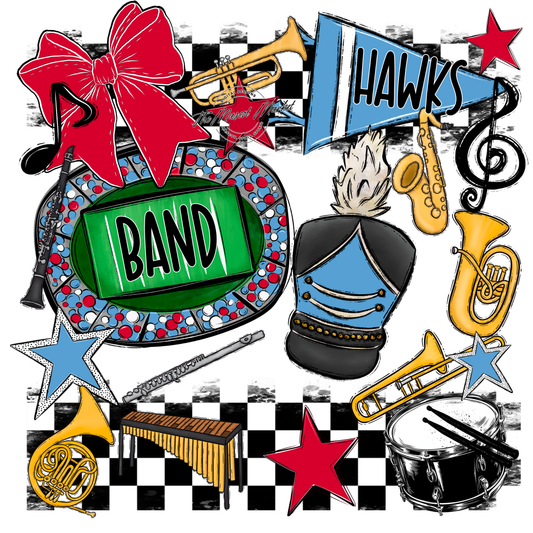 Hawks Checkers Band Spirit Design-Carolina Blue-Red