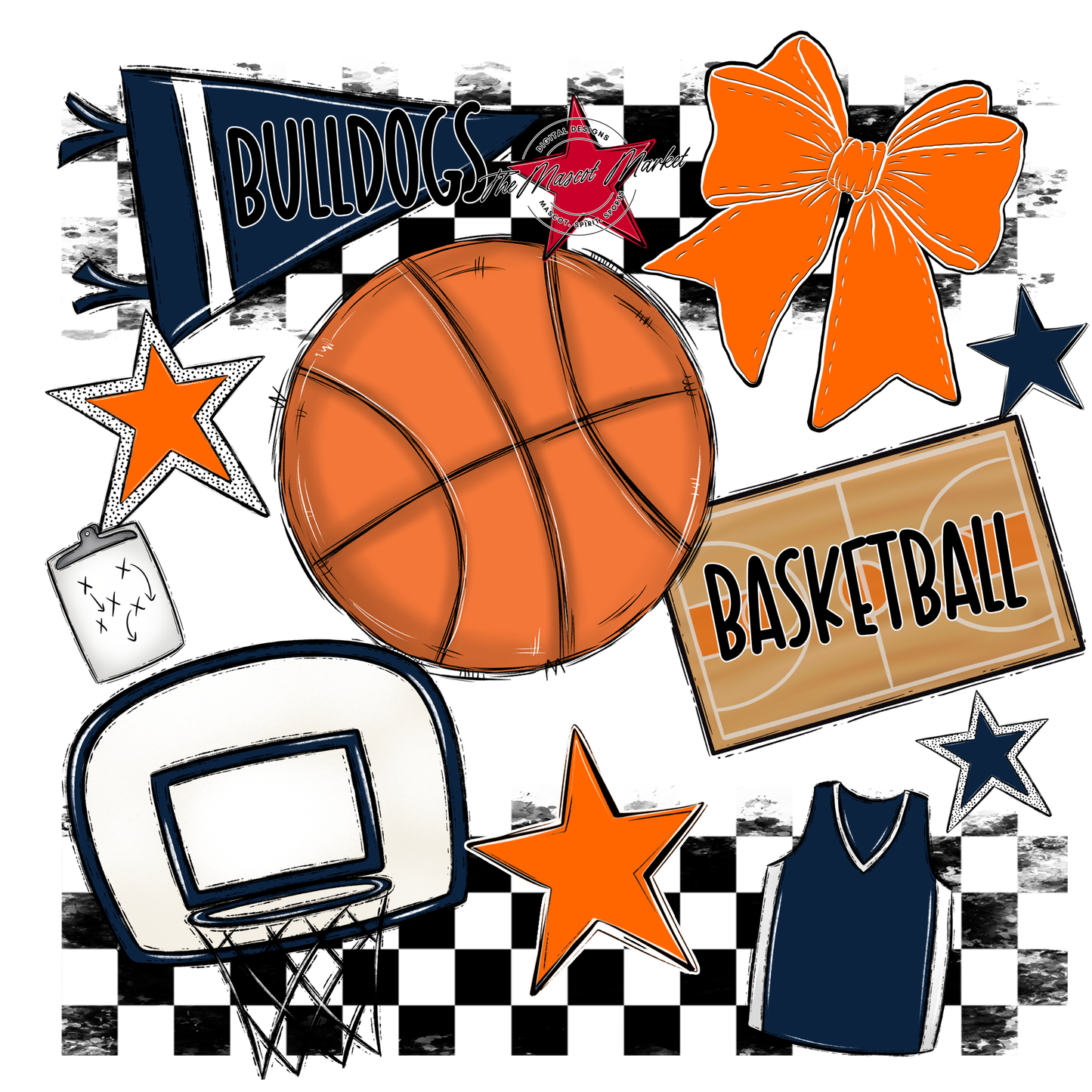 Bulldogs Checkers Basketball Spirit Design-Navy-Orange