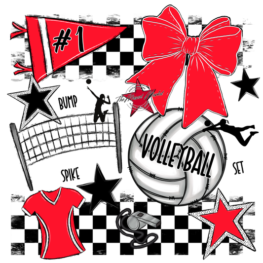 Volleyball Checkers Spirit Design-Bright Red