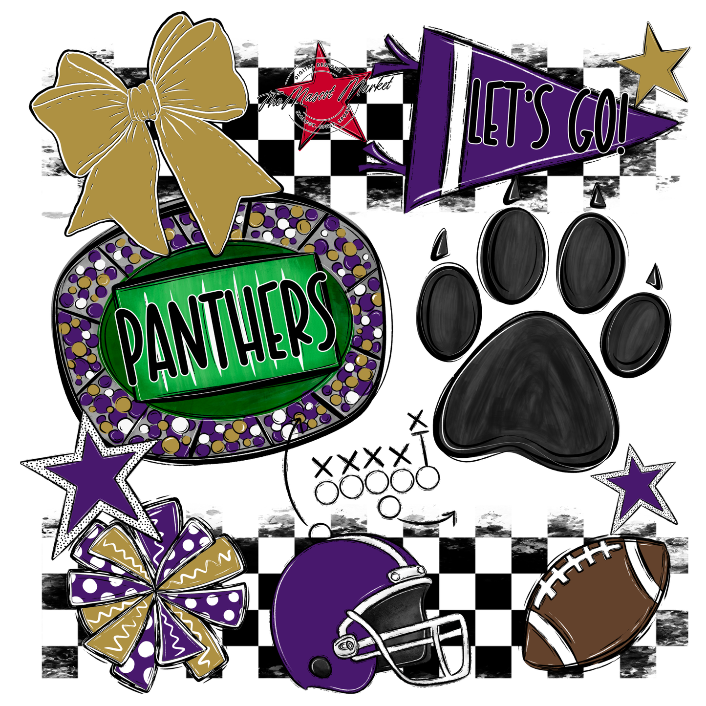 Panthers Checkers Mascot Spirit Design w Paw-Purple-Gold