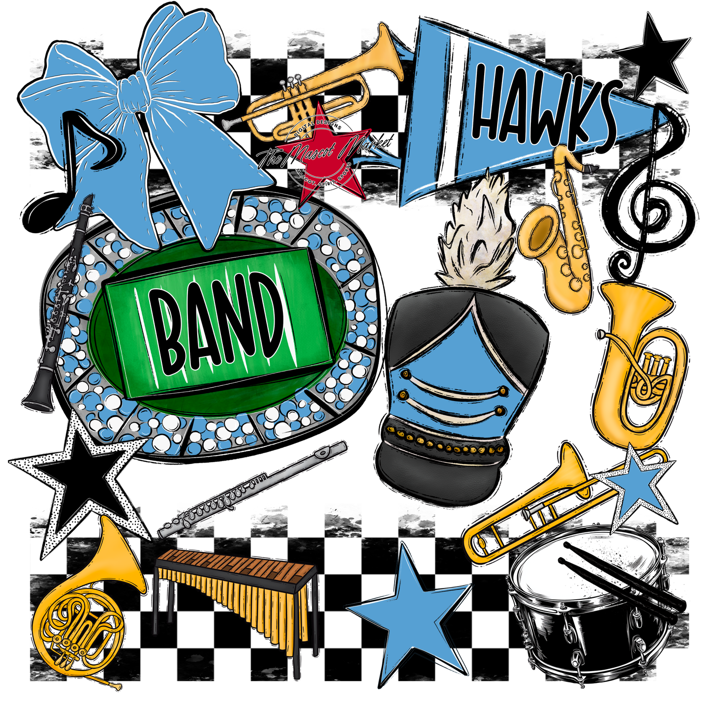 Hawks Checkers Band Spirit Design-Carolina Blue