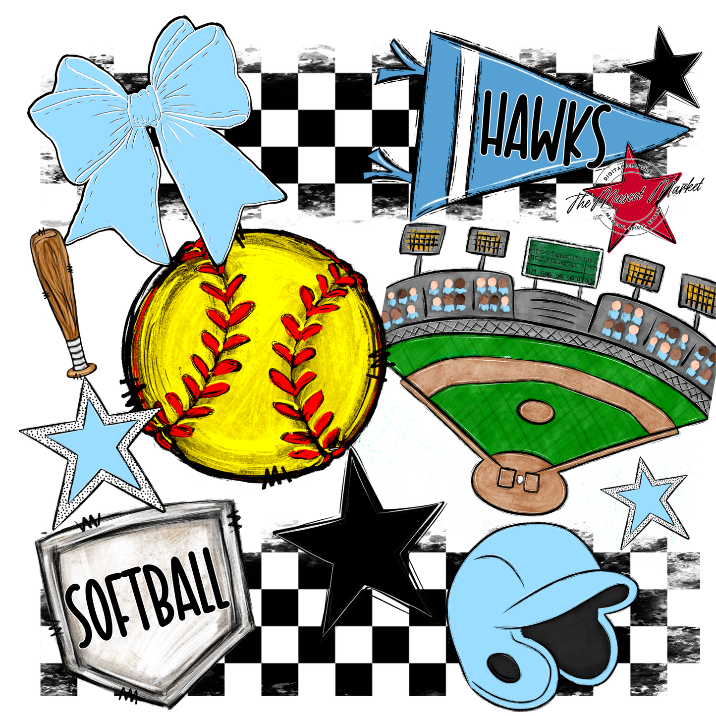 Hawks Checkers Softball Spirit Design-Carolina Blue