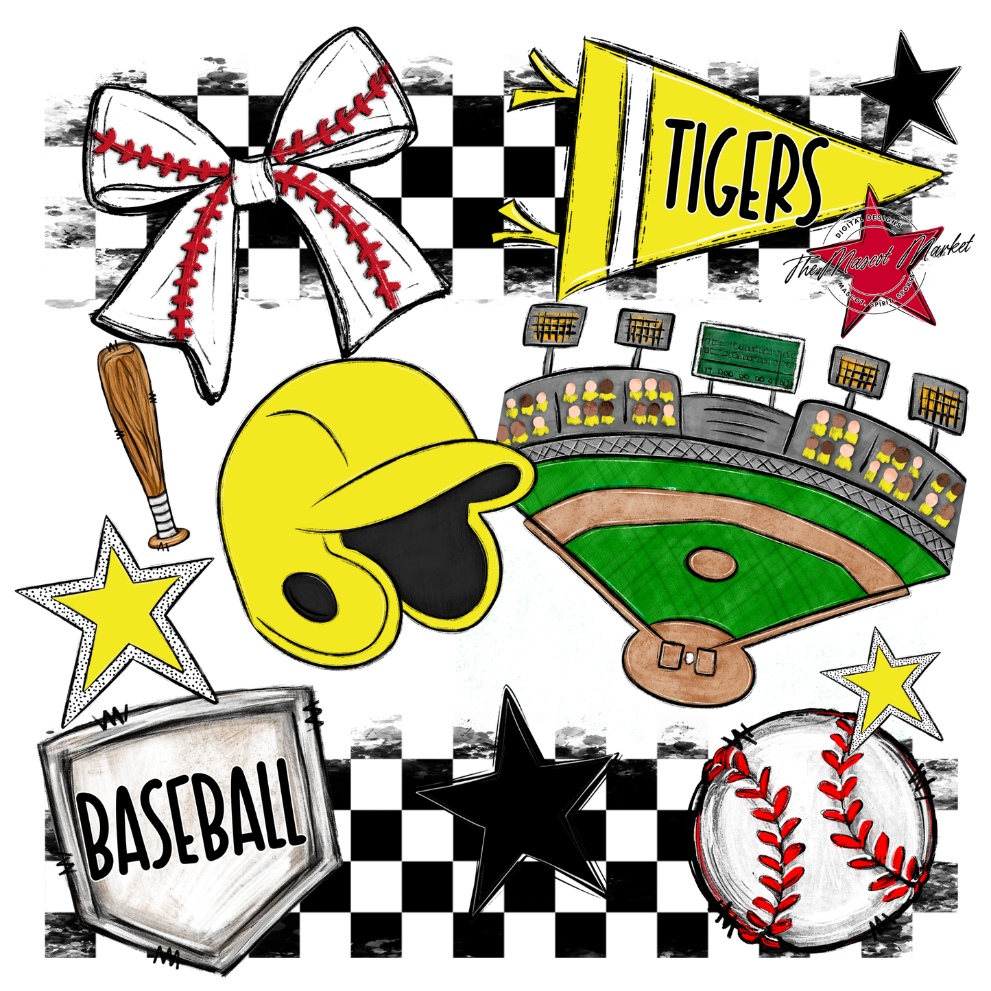 Tigers Checkers Baseball Spirit Design-Bright Yellow