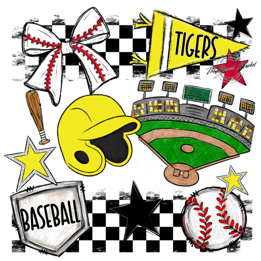 Tigers Checkers Baseball Spirit Design-Bright Yellow