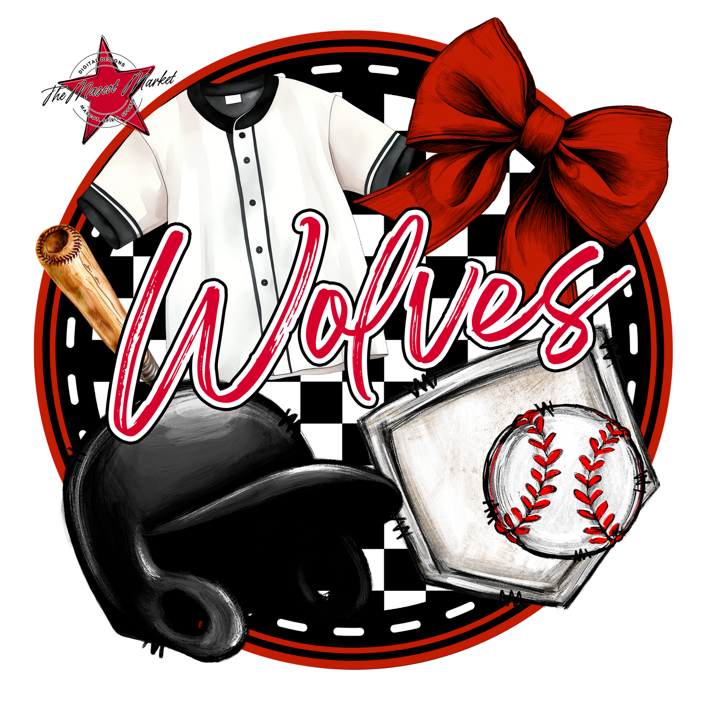 Wolves Circle Baseball Design-Red