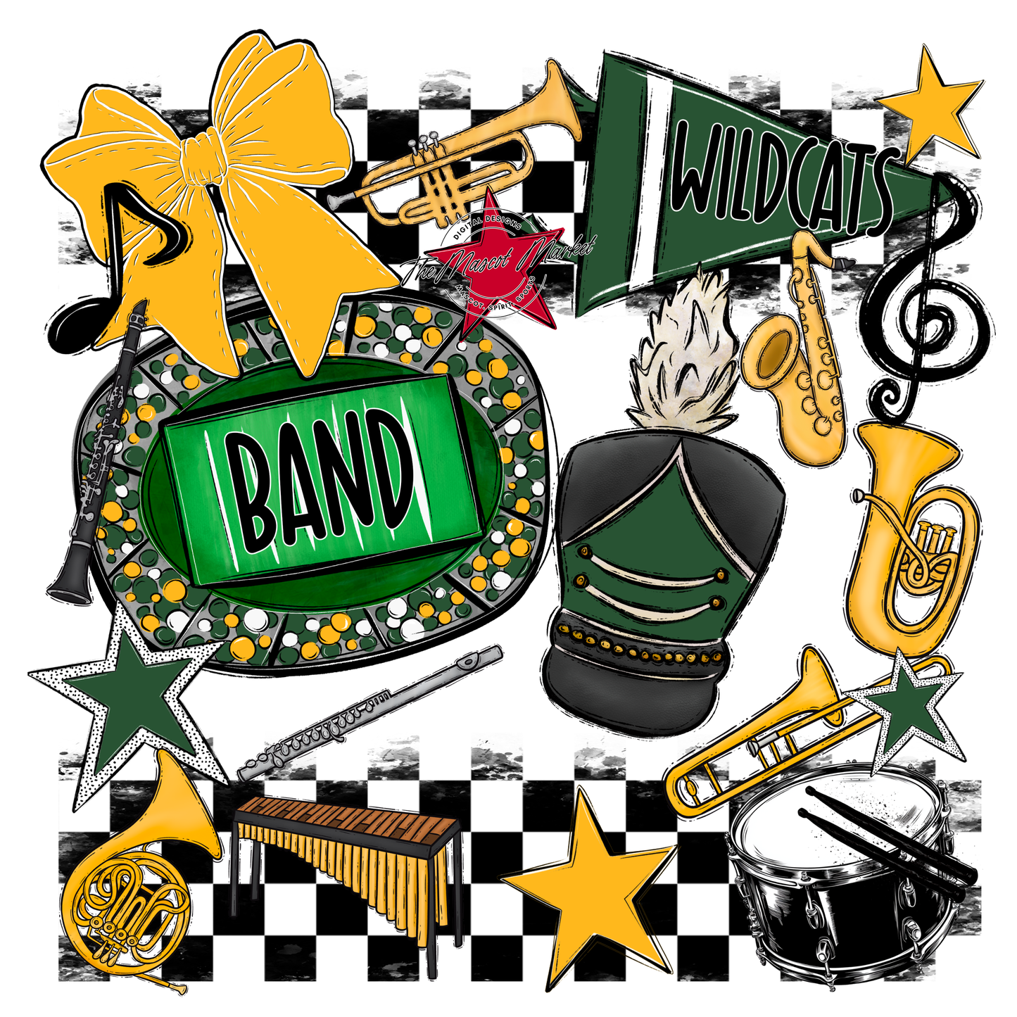 Wildcats Checkers Band Spirit Design-Green-Yellow