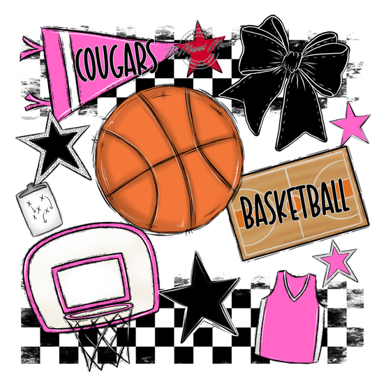 Cougars Checkers Basketball Spirit Design-Baby Pink