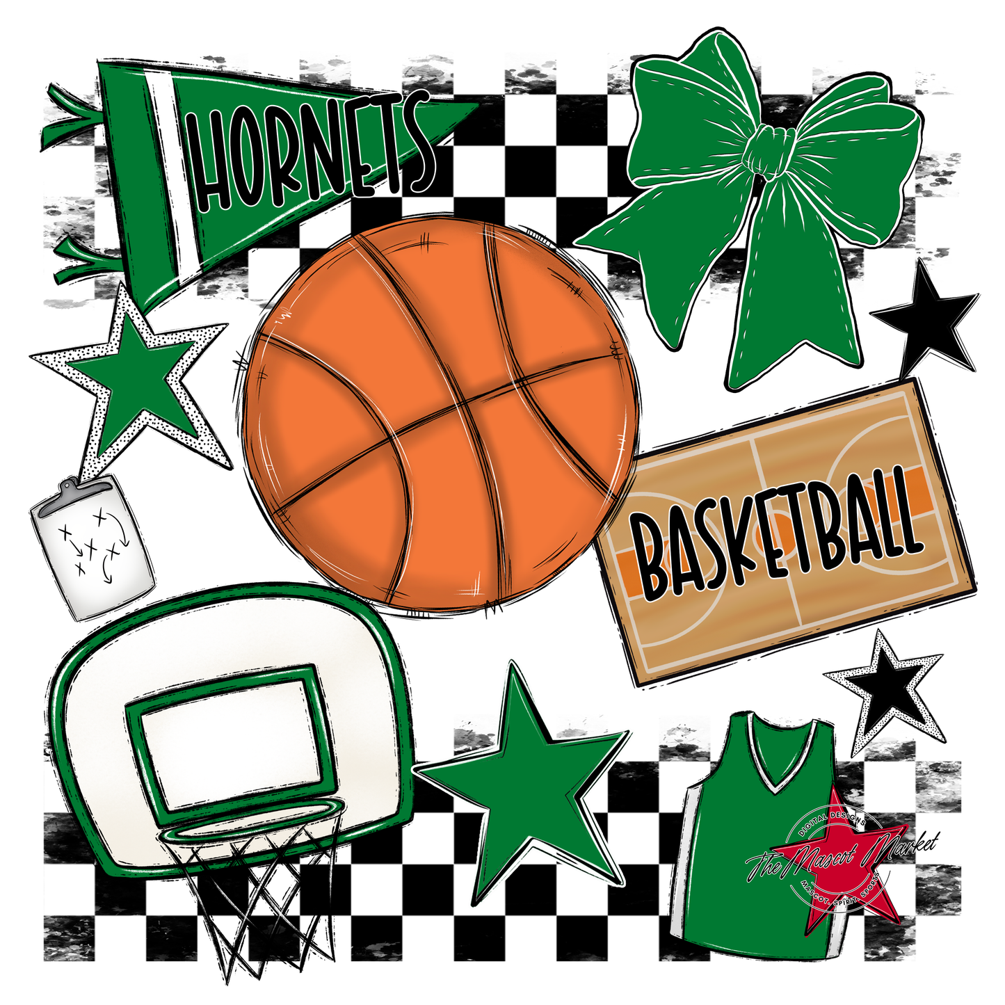 Hornets Checkers Basketball Spirit Design-Kelly Green