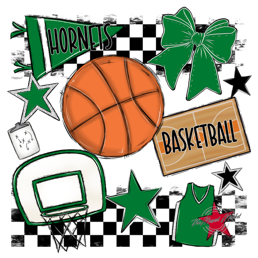 Hornets Checkers Basketball Spirit Design-Kelly Green