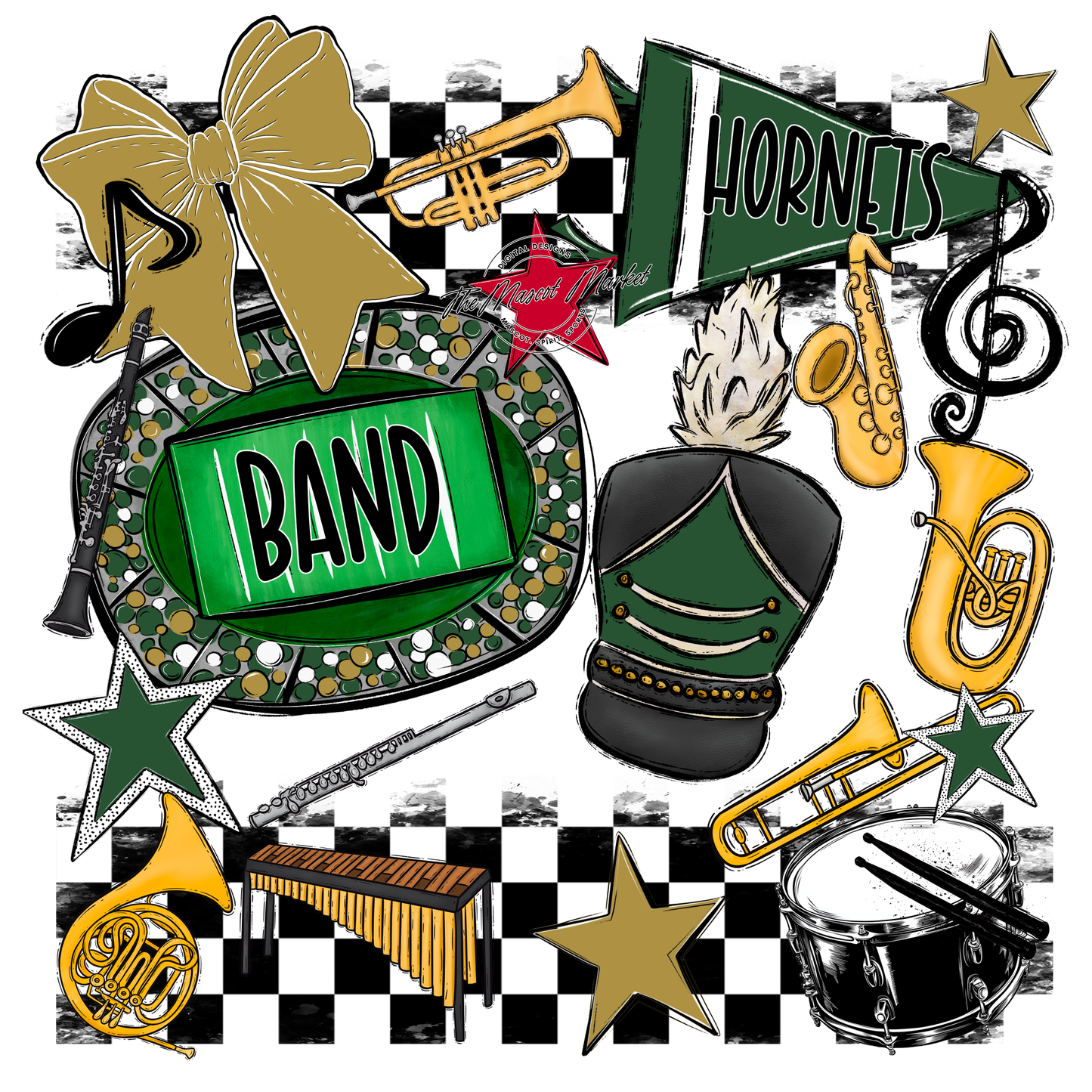 Hornets Checkers Band Spirit Design-Green-Gold