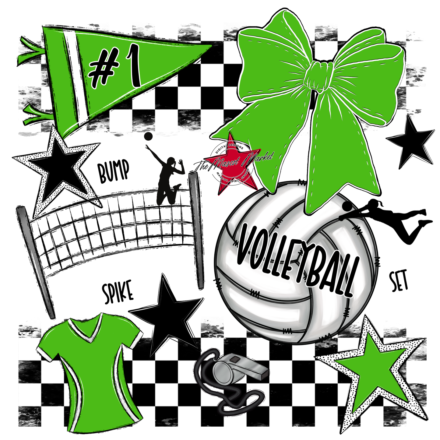 Volleyball Checkers Spirit Design-Bright Green