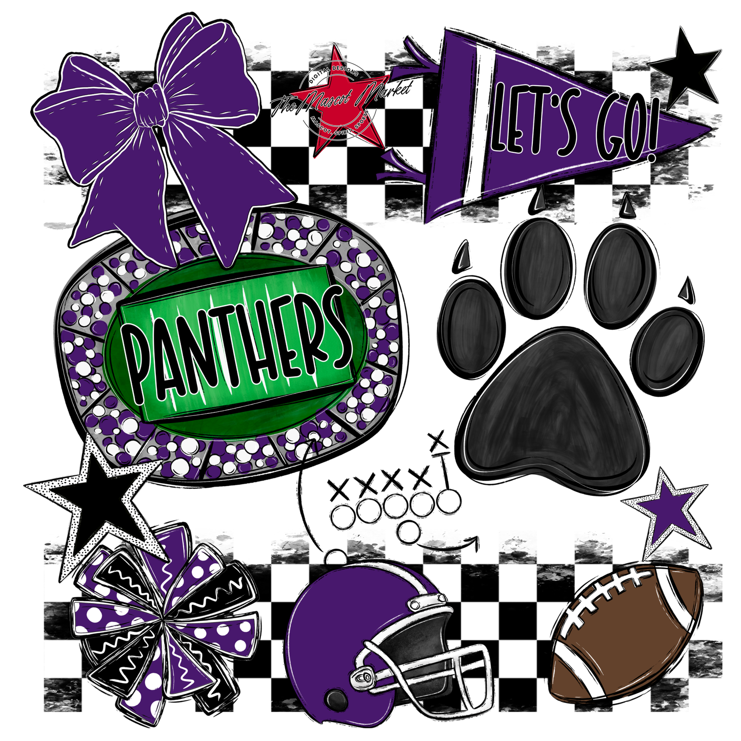 Panthers Checkers Mascot Spirit Design w Paw-Purple