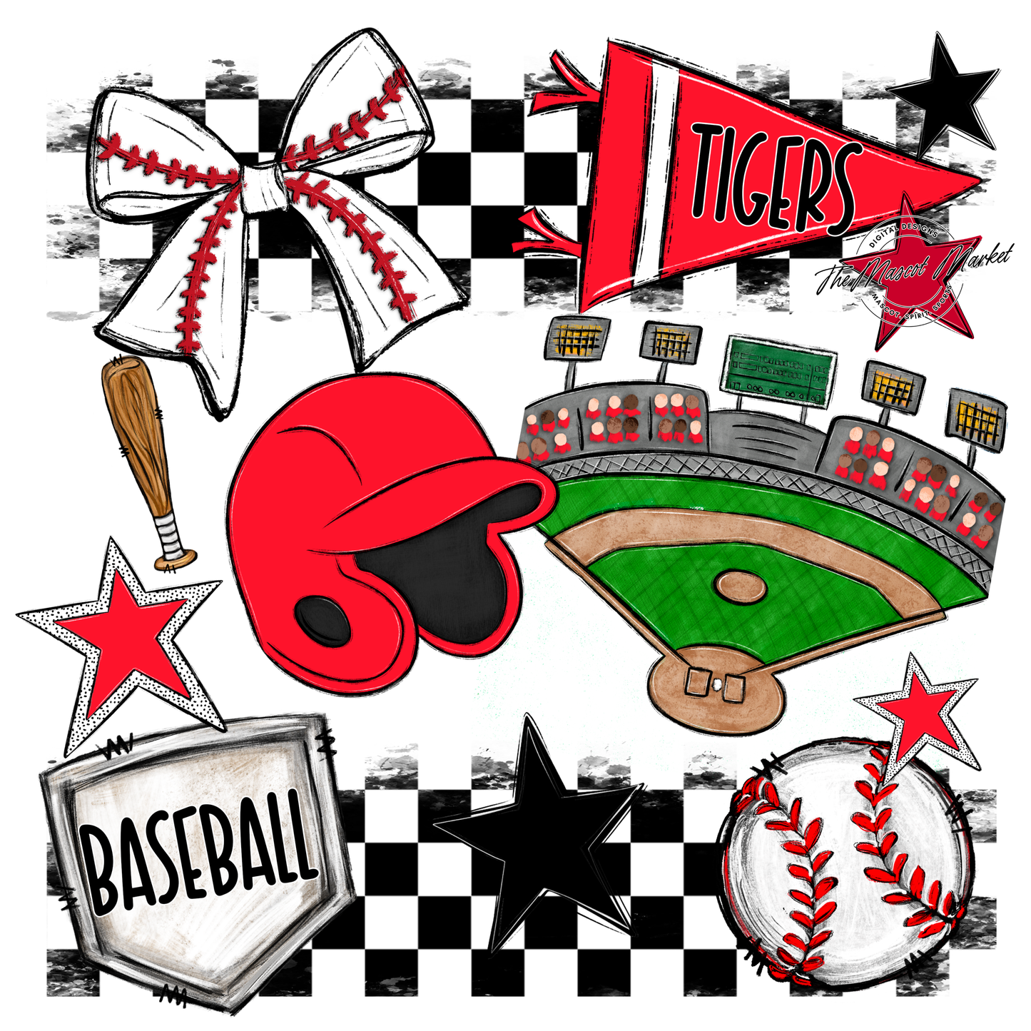 Tigers Checkers Baseball Spirit Design-Bright Red