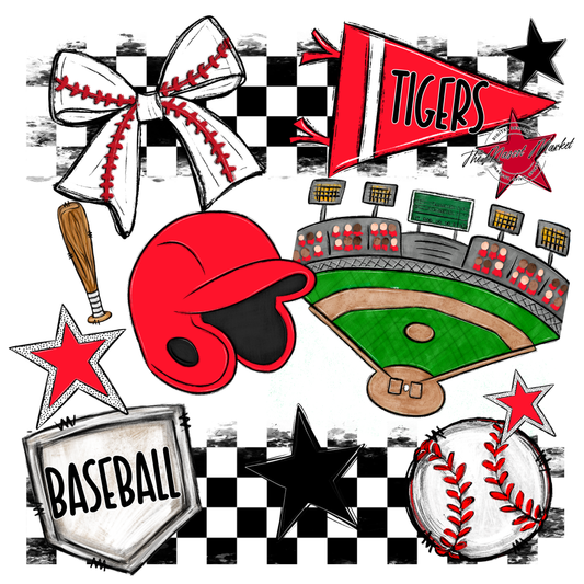 Tigers Checkers Baseball Spirit Design-Bright Red