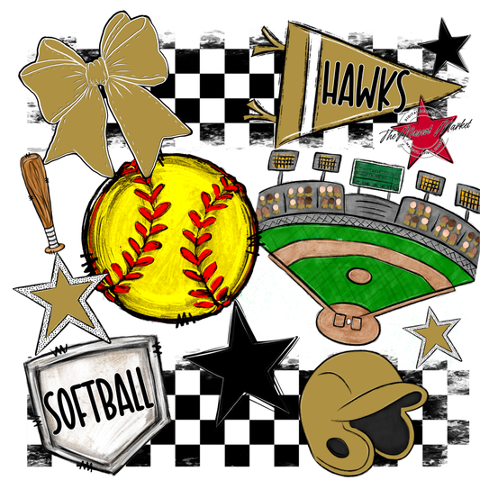 Hawks Checkers Softball Spirit Design-Gold