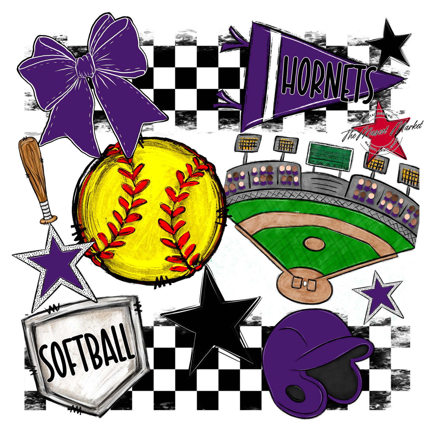 Hornets Checkers Softball Spirit Design-Purple