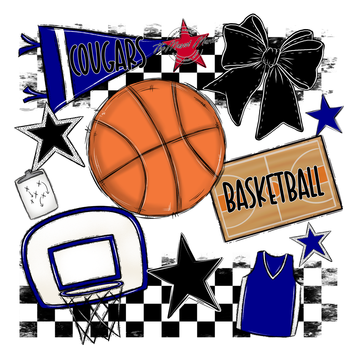 Cougars Checkers Basketball Spirit Design-Blue