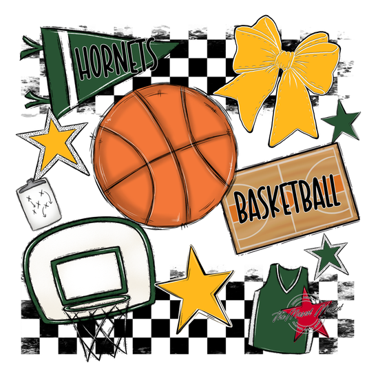 Hornets Checkers Basketball Spirit Design-Green-Yellow