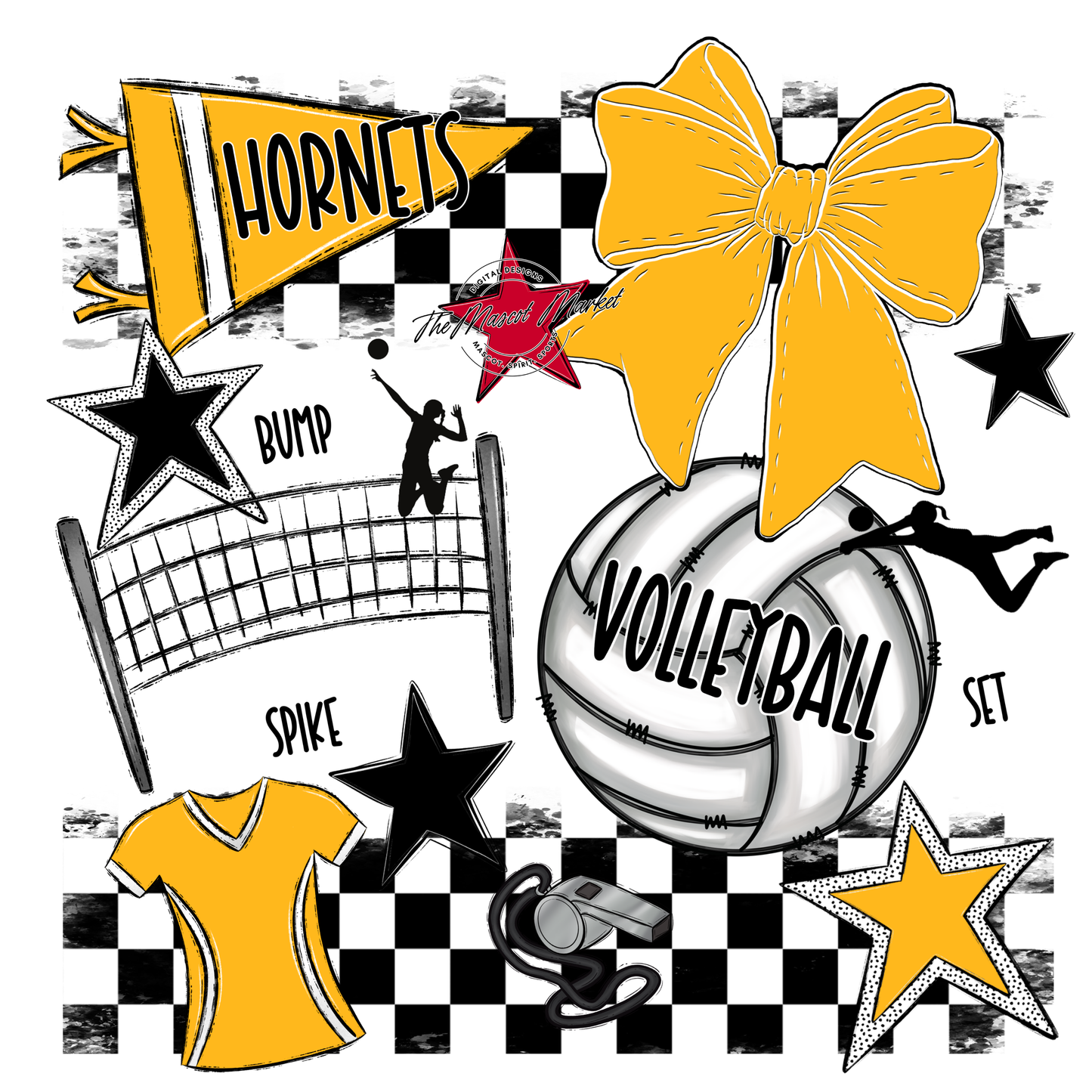 Hornets Checkers Volleyball Spirit Design-Yellow