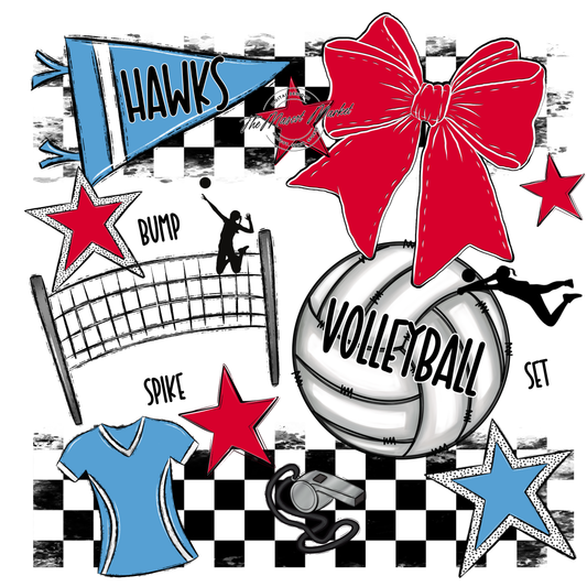 Hawks Checkers Volleyball Spirit Design-Carolina Blue-Red