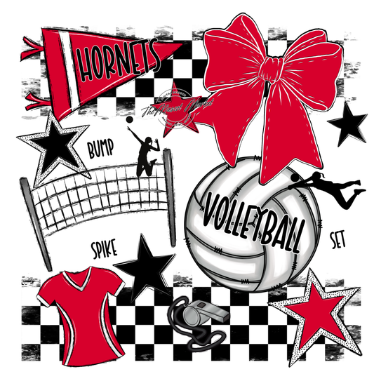 Hornets Checkers Volleyball Spirit Design-Red