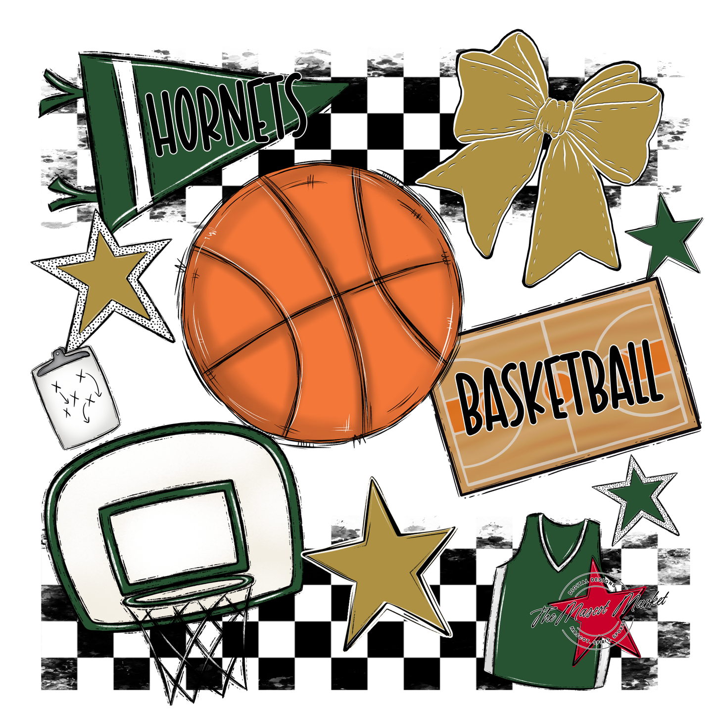 Hornets Checkers Basketball Spirit Design-Green-Gold