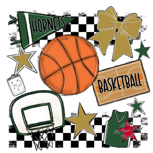 Hornets Checkers Basketball Spirit Design-Green-Gold
