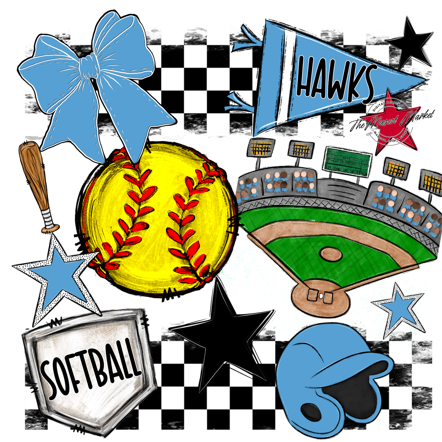 Hawks Checkers Softball Spirit Design-Columbia Blue