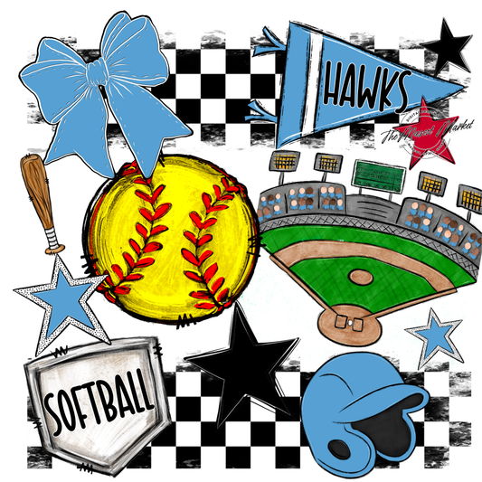 Hawks Checkers Softball Spirit Design-Columbia Blue