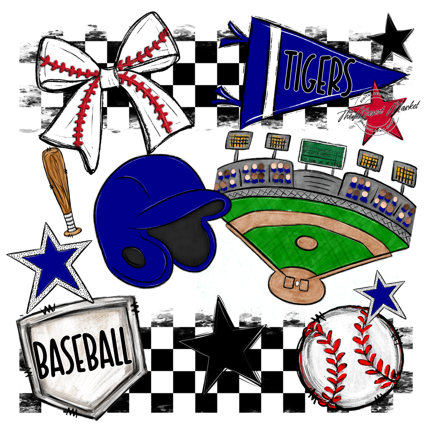 Tigers Checkers Baseball Spirit Design-Blue