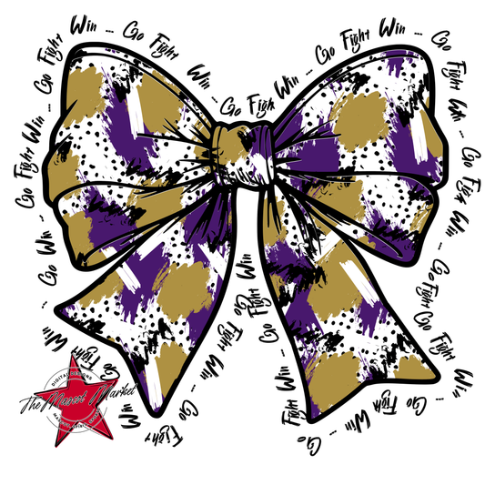 Go, Fight, Win, Splatter Bow Design-Purple-Gold
