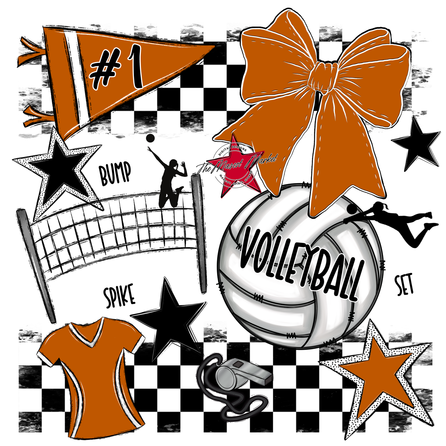 Volleyball Checkers Spirit Design-Burnt Orange