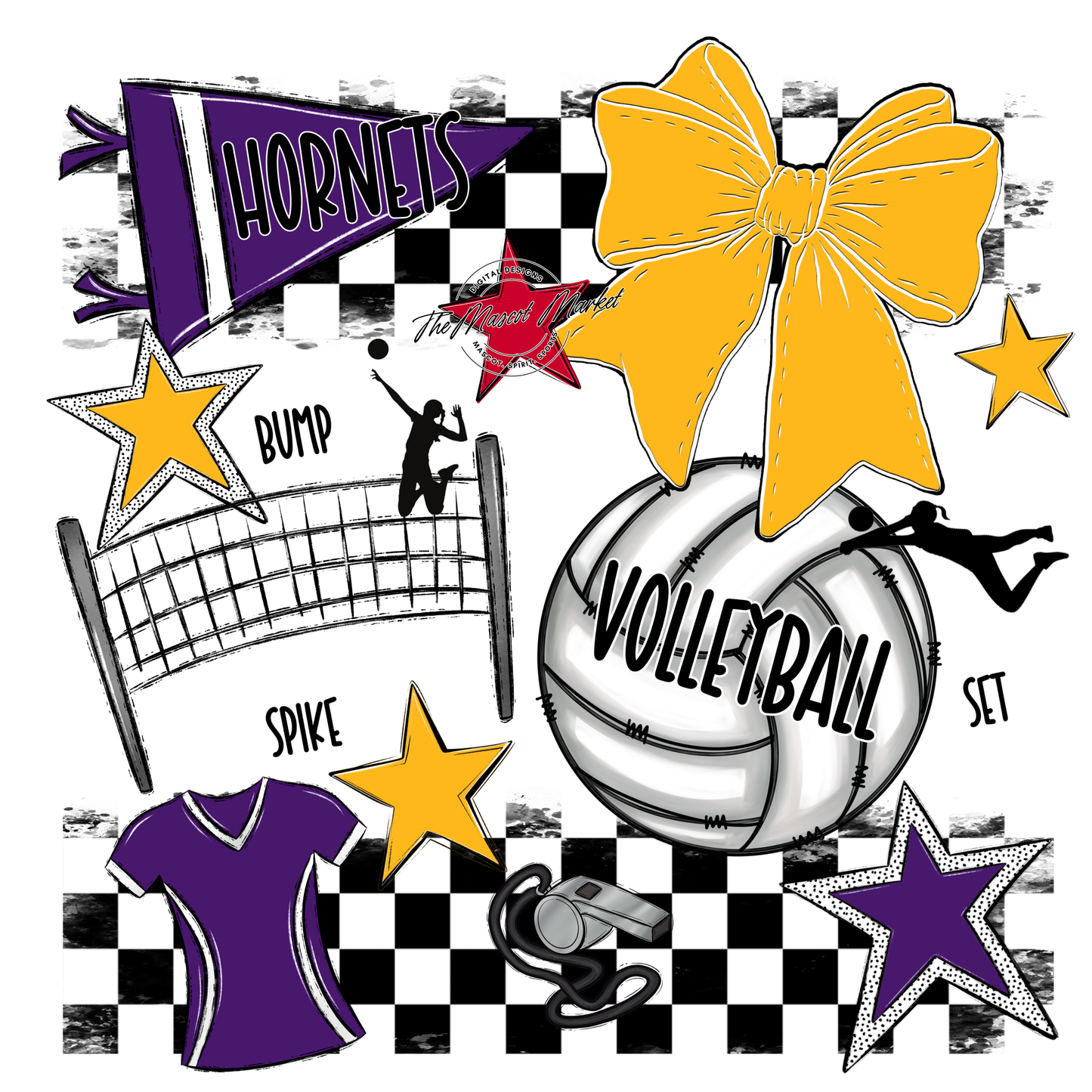 Hornets Checkers Volleyball Spirit Design-Purple-Yellow