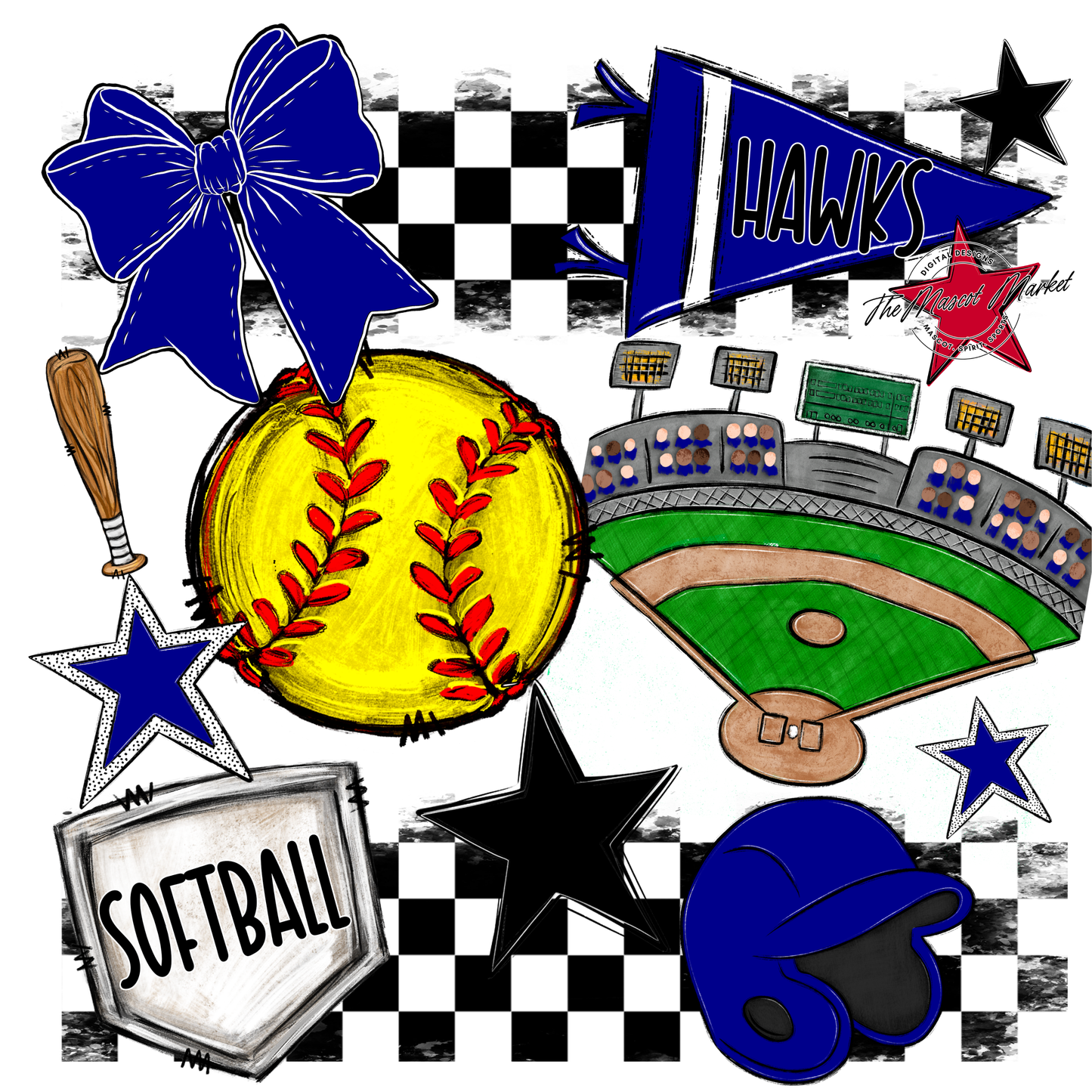 Hawks Checkers Softball Spirit Design-Blue