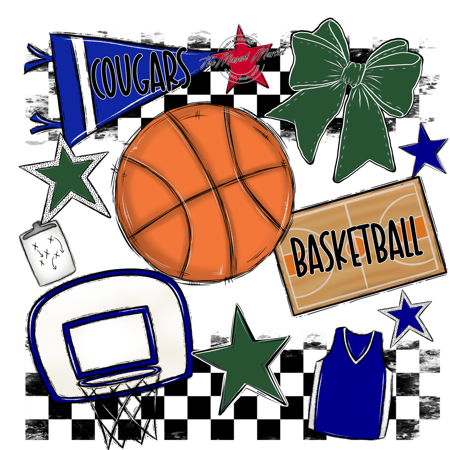 Cougars Checkers Basketball Spirit Design-Blue-Green