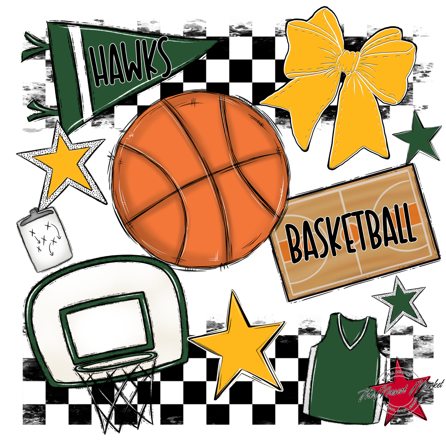 Hawks Checkers Basketball Spirit Design-Green-Yellow
