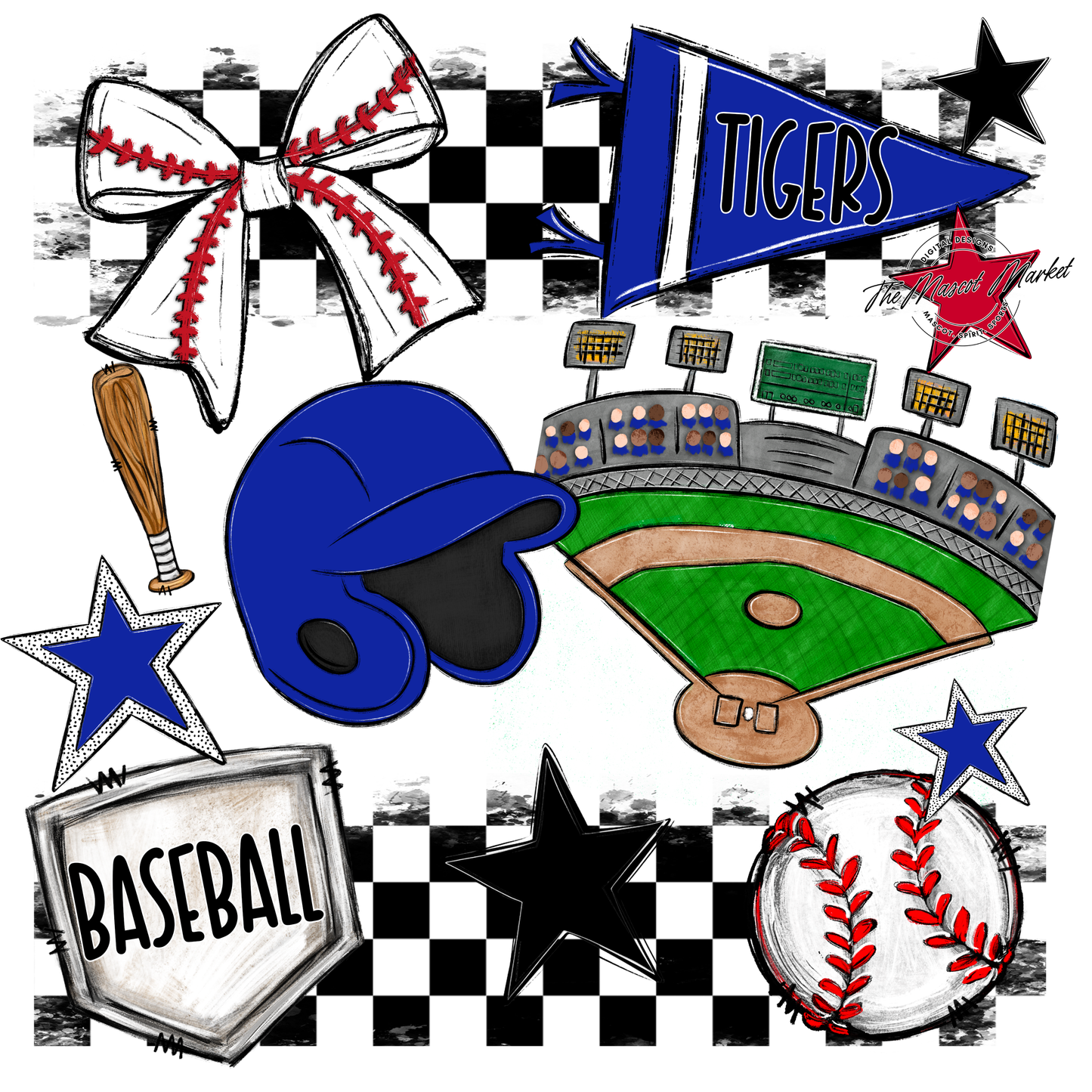 Tigers Checkers Baseball Spirit Design-Royal Blue