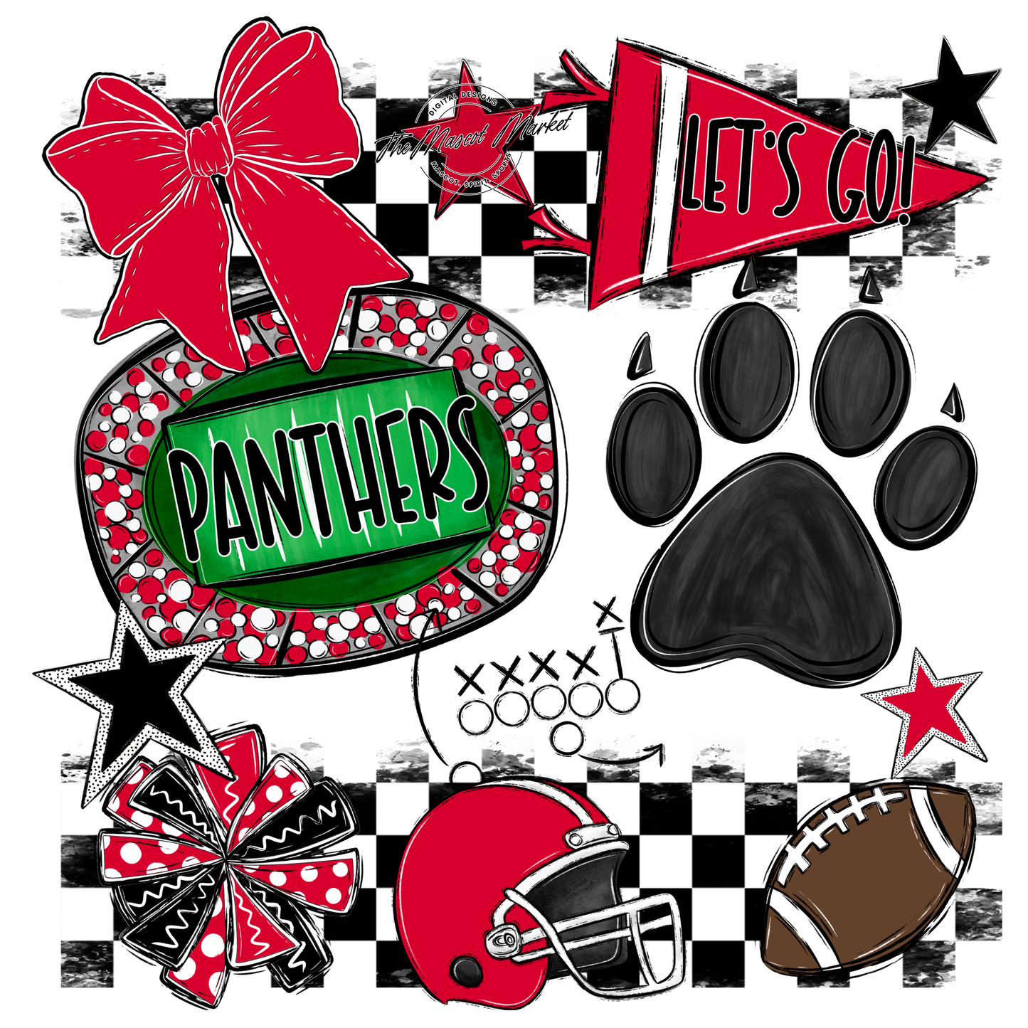Panthers Checkers Mascot Spirit Design w Paw-Red
