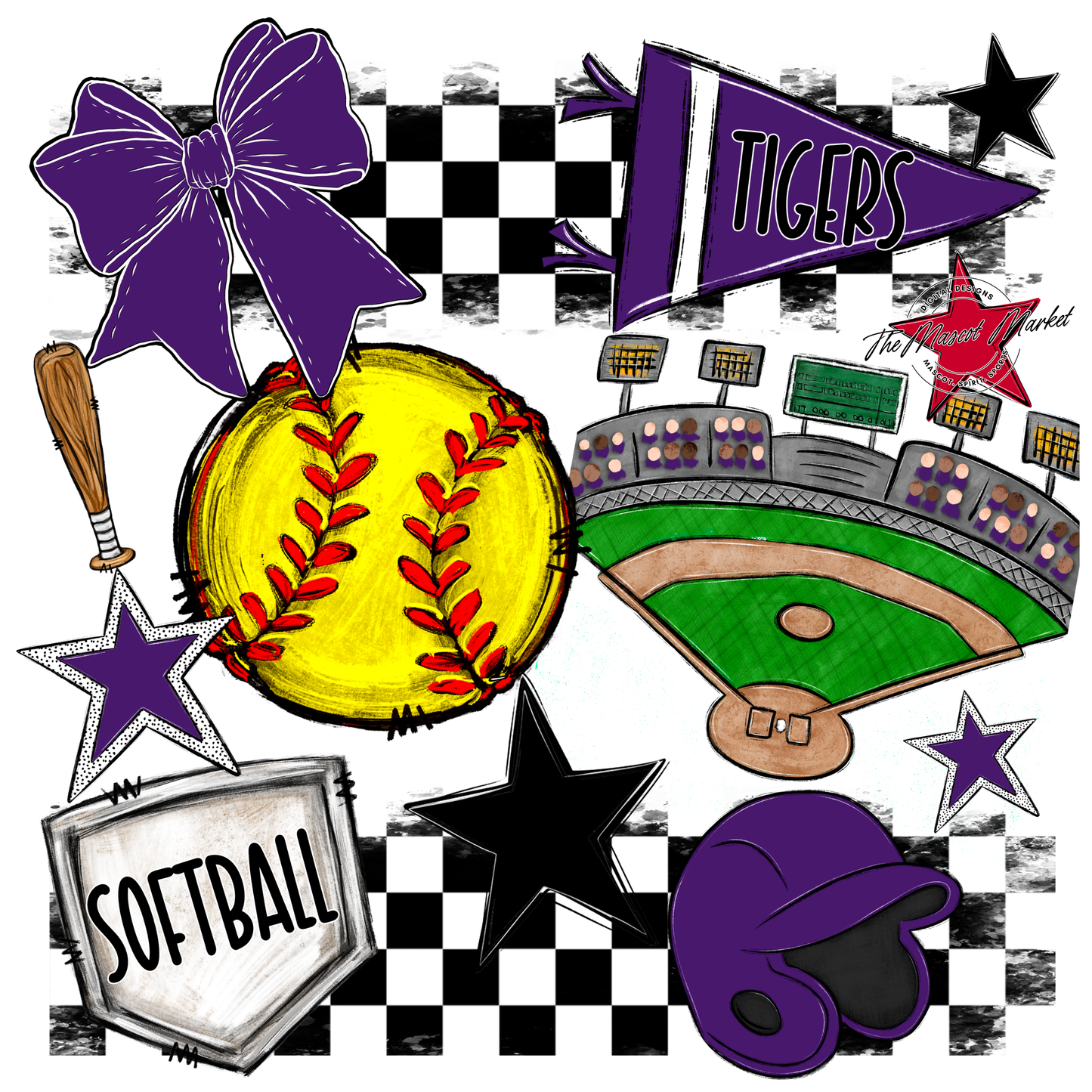 Tigers Checkers Softball Spirit Design-Purple