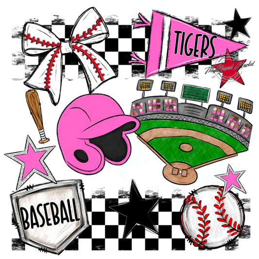Tigers Checkers Baseball Spirit Design-Baby Pink