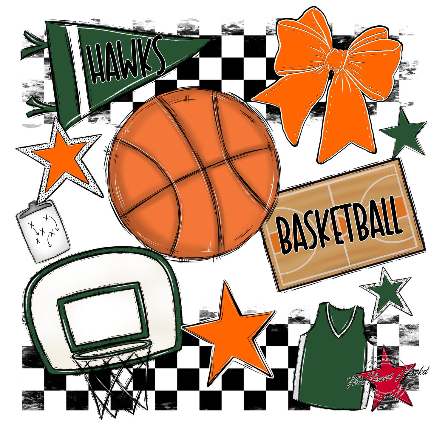 Hawks Checkers Basketball Spirit Design-Green-Orange