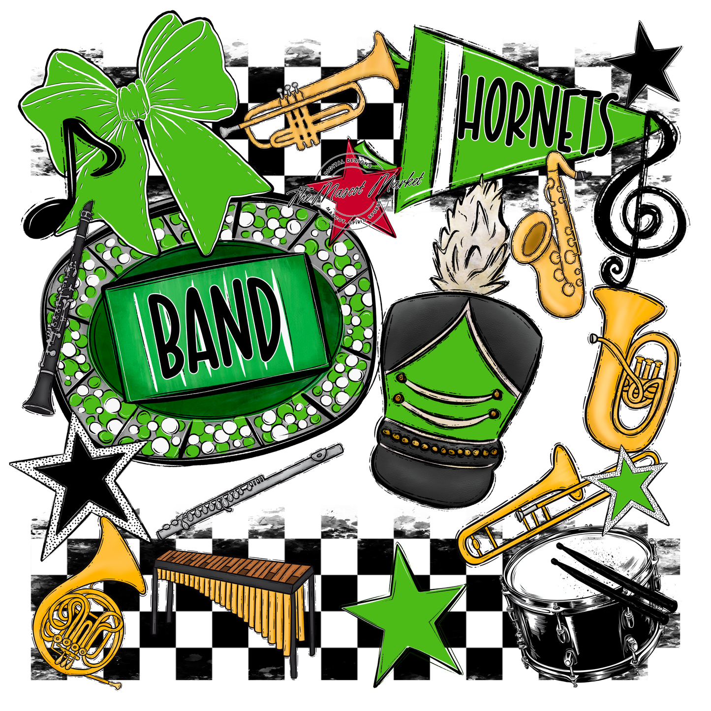 Hornets Checkers Band Spirit Design-Bright Green