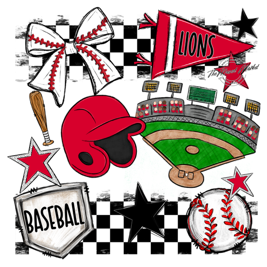 Lions Checkers Baseball Spirit Design-Red