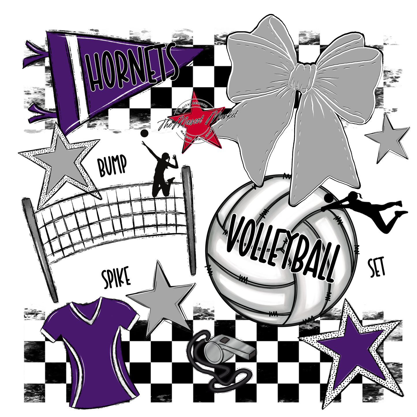 Hornets Checkers Volleyball Spirit Design-Purple-Grey