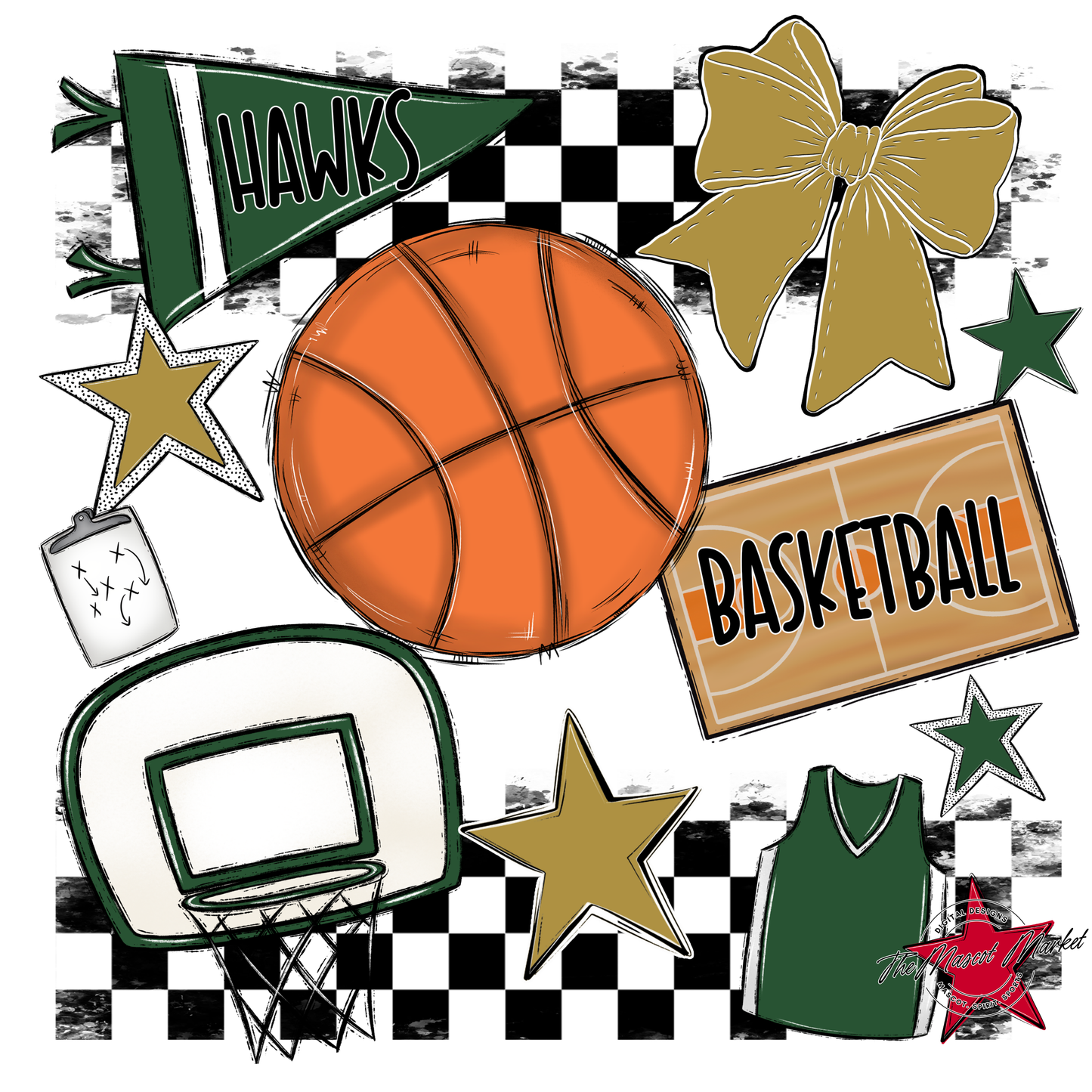 Hawks Checkers Basketball Spirit Design-Green-Gold