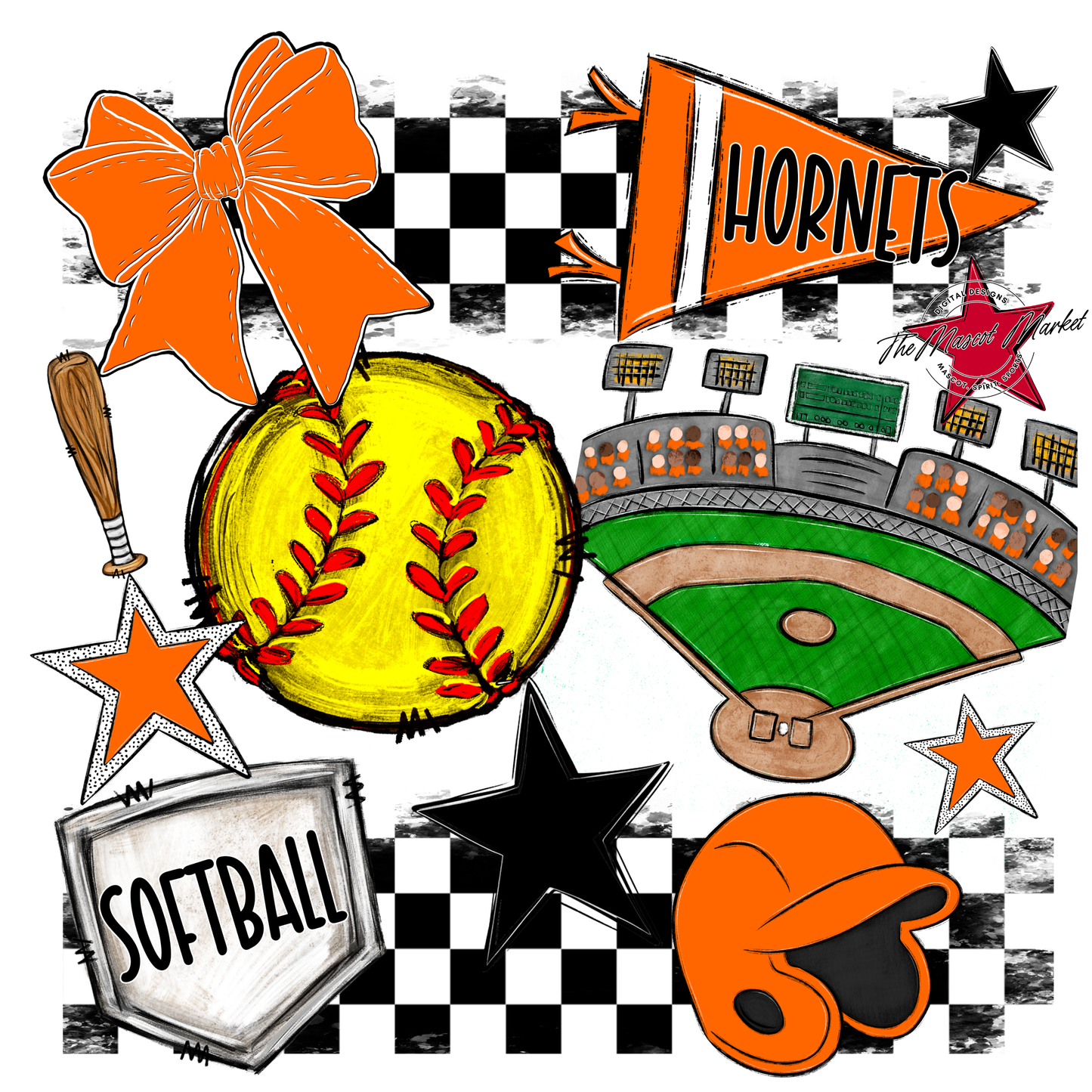 Hornets Checkers Softball Spirit Design-Orange