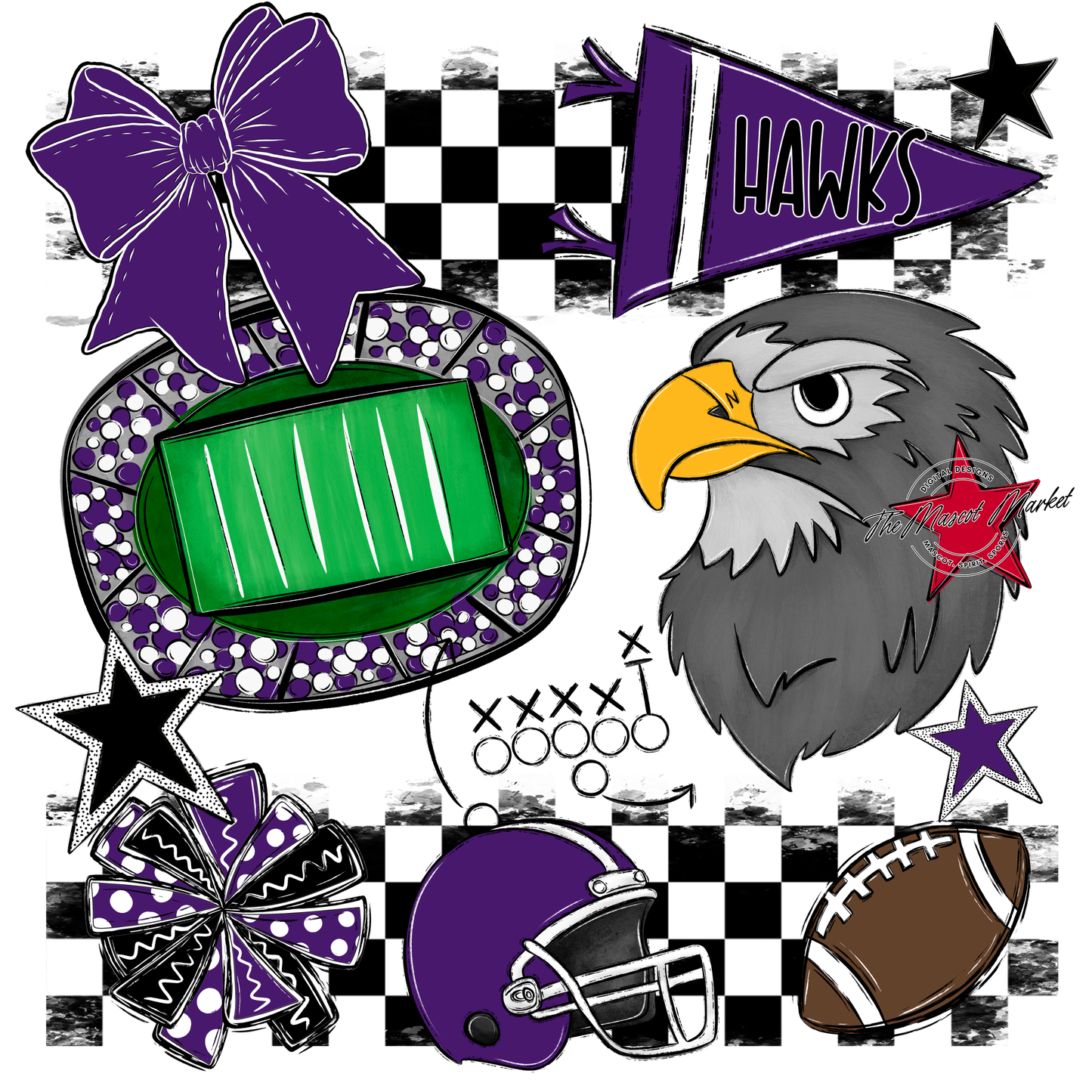 Hawks Checkers Mascot Spirit Design-Purple